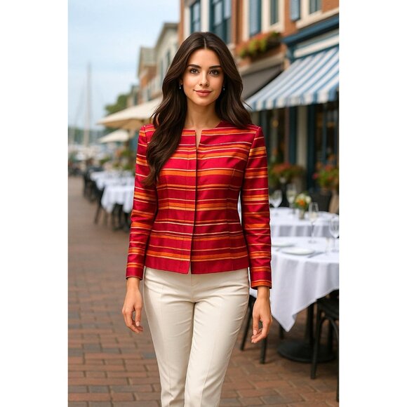 Kasper 16P Raspberry Silk Stripe Jacket Hamptons Chic Coastal Rich City Ready - Picture 8 of 16